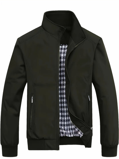 Men's Long Sleeve Zip Up Stand Collar Coat, Business Stand Collar Jacket With Zipper Pockets, Spring Autumn Men's Clothing