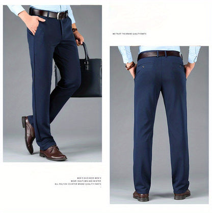 Men's Sleek Business Casual Dress Pants - Solid Black, Straight Leg, Wrinkle-Resistant Polyester Blend, All-Season Formal Trousers with Button Detail