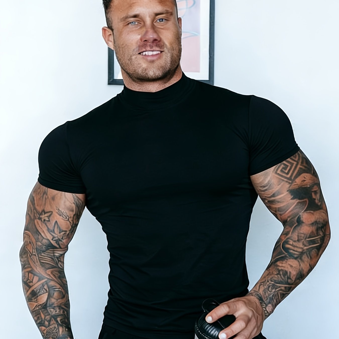 Summer Slim-Fit Stretchy Quick-Dry Running Fitness Short Sleeve Men'S High Neck Casual T-Shirt | Solid Color, Ideal for Sports and Casual Wear - ayq