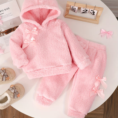 Two-Piece Cute Girls' Autumn/Winter Set: Long Sleeve Hooded Plush Butterfly Top with Pants, Perfect for Daily Outdoor Wear. Cozy Faux Fur Fabric - Essential Indoor & Winter Accessory and Holiday Gift Idea, Perfect for Outdoor