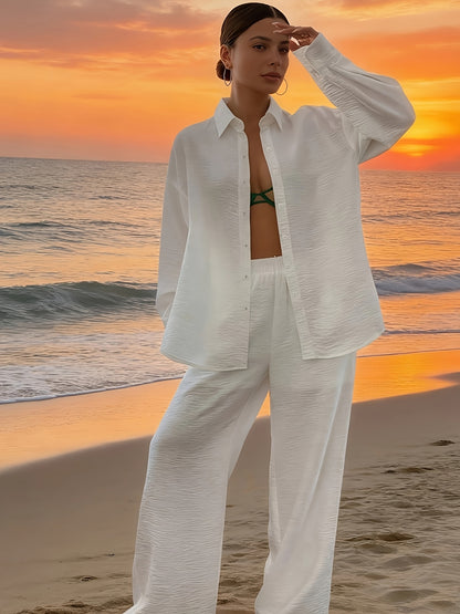 Elegant Solid Color Vacation Set: Loose Long-Sleeve Shirt & Wide-Leg P