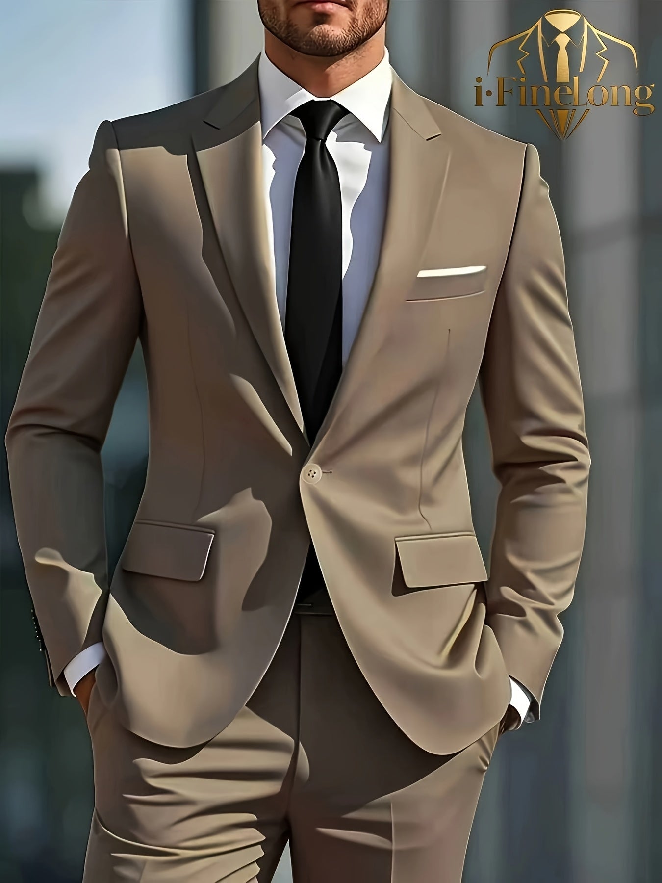 Men's Casual Business Suit 2-Piece Set with Lapel Collar