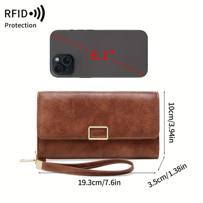 MIYIN Women's Vintage RFID Blocking Large Capacity Wallet with Wrist Strap - Tri-Fold  Handbag, Zipper Pocket & ID Slot, Multi-Card Holder (Credit/Debit) - Solid for Professional & Everyday Use