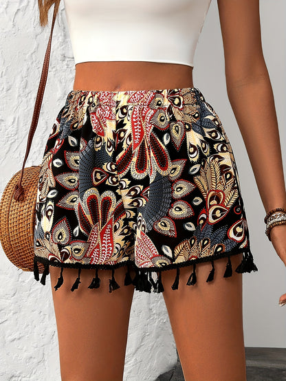 Print Women's Casual Shorts with Lace Trim - High Waist, Non-Stretch Polyester, Machine Washable