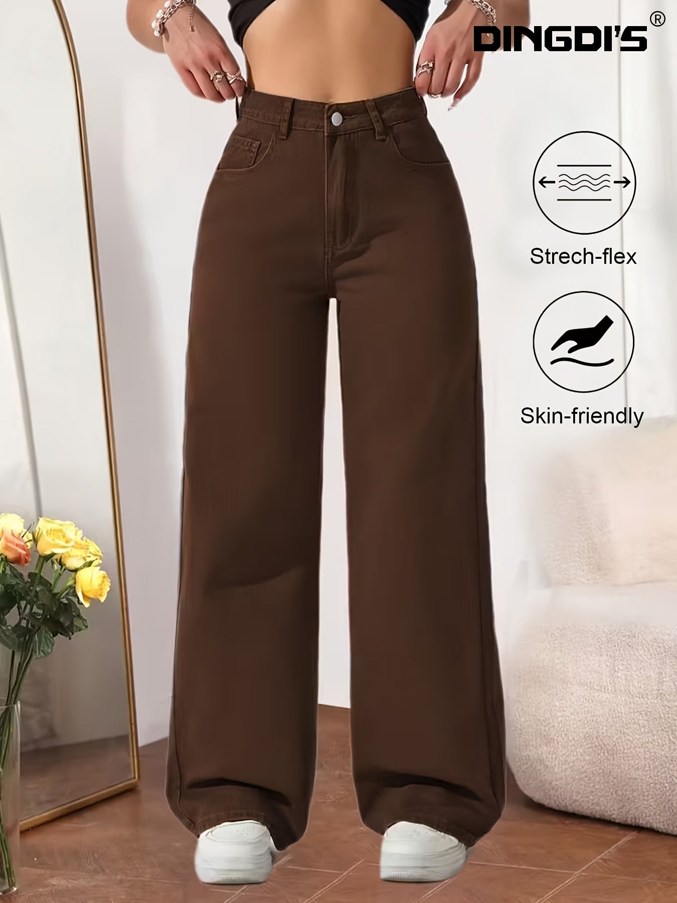 Women’s Stretch Wide-Leg Coffee Denim Jeans with Pockets