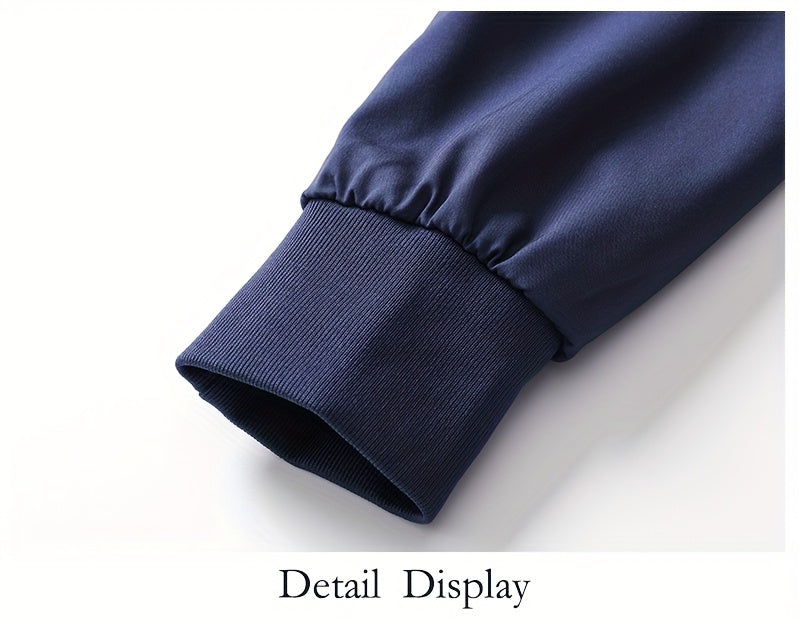 Men's Casual Royal Blue Bomber Jacket - Full Zip, Loose Fit, Polyester, Stand Collar, Long Sleeve, Lightweight & Durable for Spring and Fall, Casual Outerwear | Ribbed Cuff Sleeves | Durable Outerwear