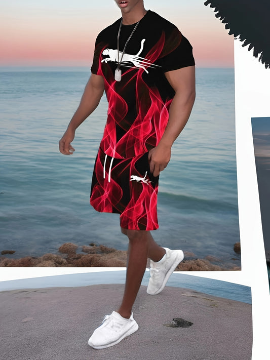 Men'S Casual Crew Neck T-Shirt Dress, 3D Print All Over, 90% Polyester 10% Spandex, Slight Stretch Knit Fabric, Regular Fit, 150Gsm - Comfortable Summer Fashion