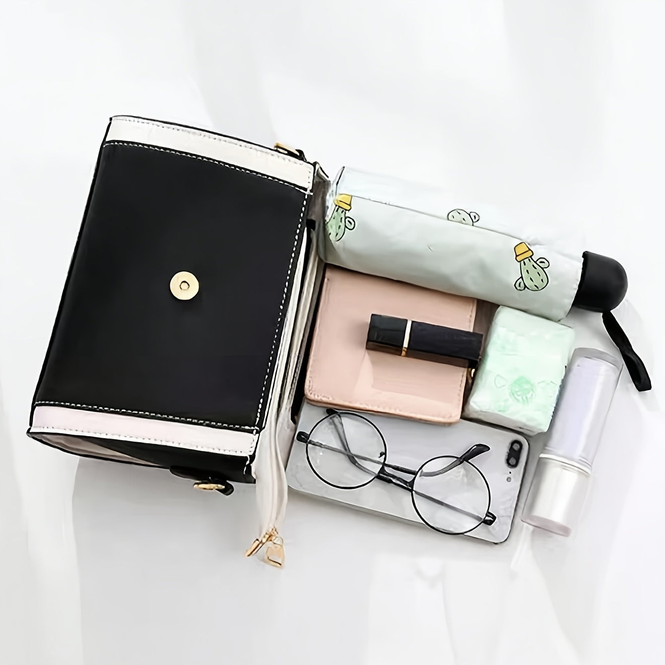 Սպիտակ սինթետիկ մինի ձեռքի պայուսակ և խաչաձև պայուսակ-պարկ - ոսկեգույն մետաղական պարագաներ, սև ծայրով ժապավեն, կայծակաճարմանդով փակվող, բազմաբաժին T ձեռքի պայուսակ - էլեգանտ ամեն օր, երեկույթների համար, (վարդագույն/) - սինթետիկ ձեռքի պայուսակ