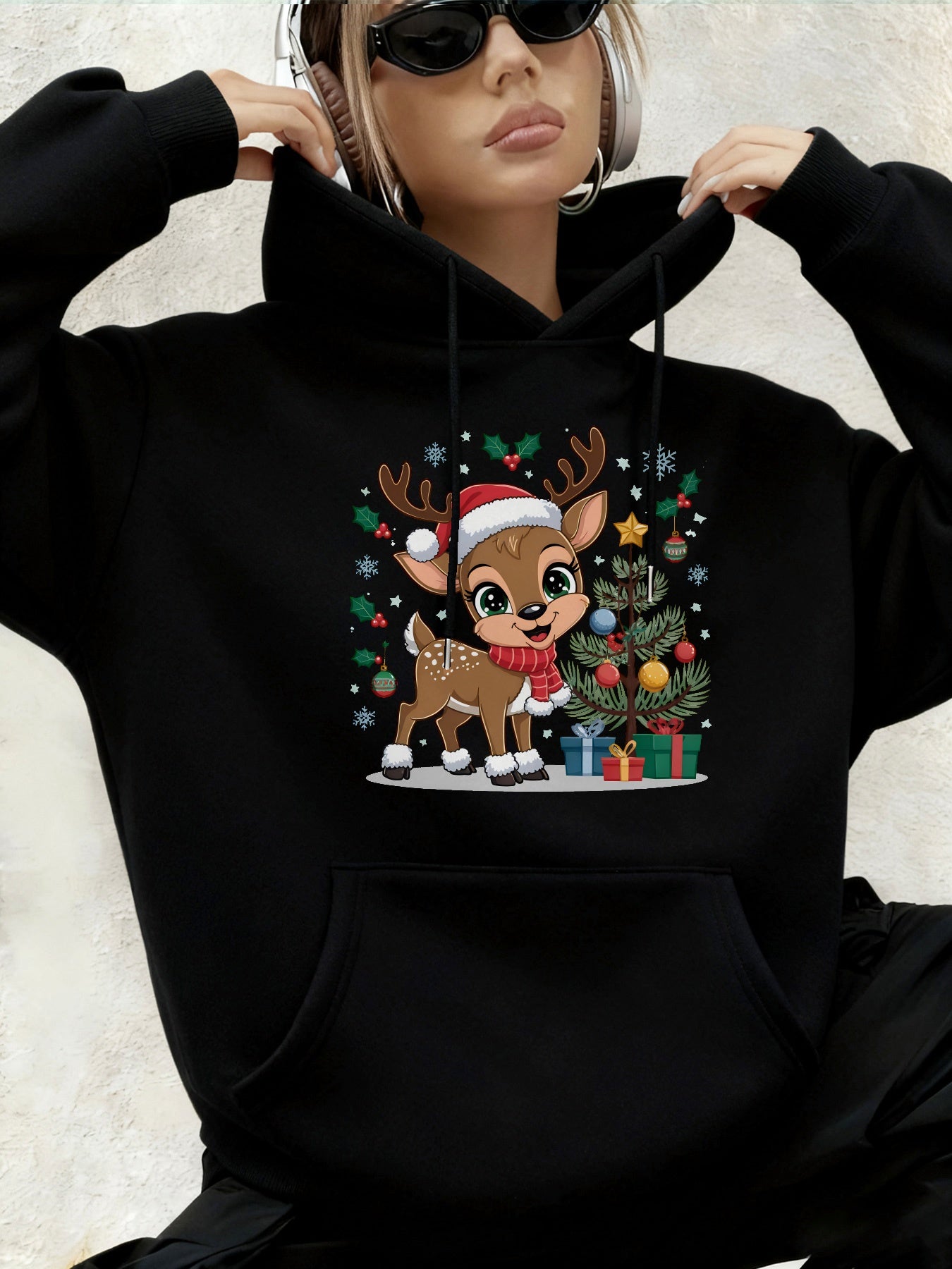 Women'S Christmas Hoodie - Thick Fleece-Lined Winter Sweatshirt with Deer & Snowflakes, Plaid Santa Hat Design, Cozy Casual Pullover for Holiday Party Outfits