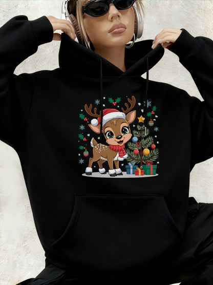 Women'S Christmas Hoodie - Thick Fleece-Lined Winter Sweatshirt with Deer & Snowflakes, Plaid Santa Hat Design, Cozy Casual Pullover for Holiday Party Outfits