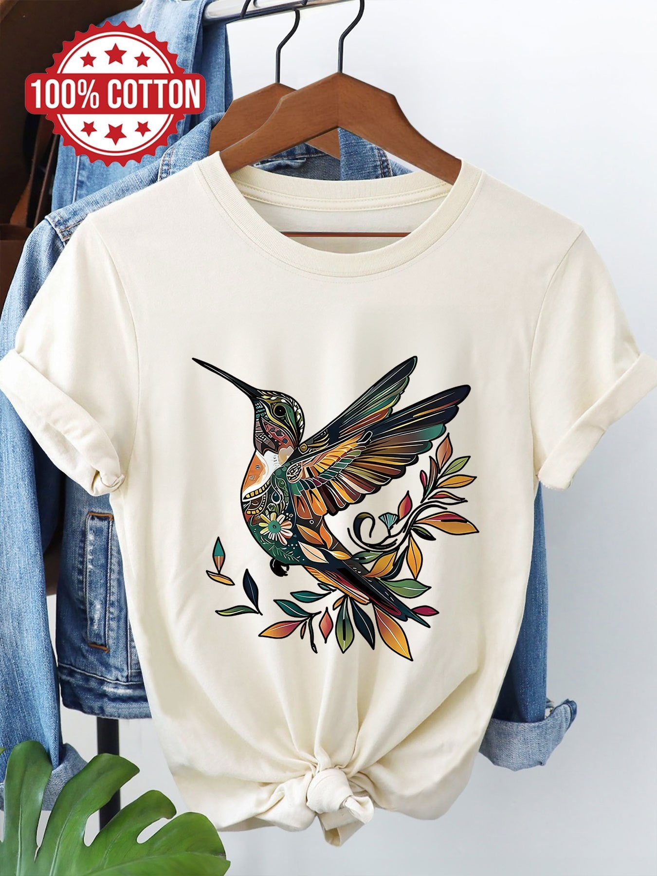 Women's Casual Cotton T-Shirt with Hummingbird Leaf Print
