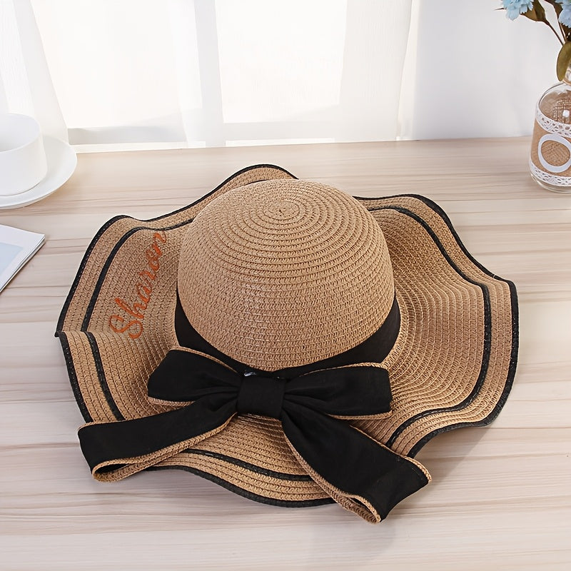Women’s Summer Wide-Brim Straw Hat with Ruffles & Bow