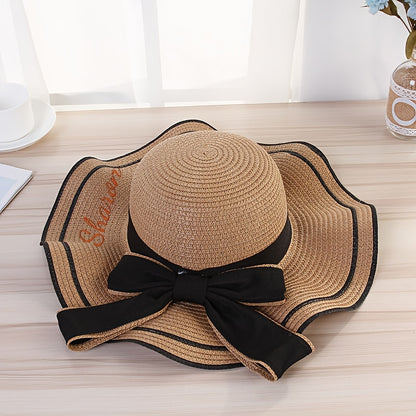 Women’s Summer Wide-Brim Straw Hat with Ruffles & Bow
