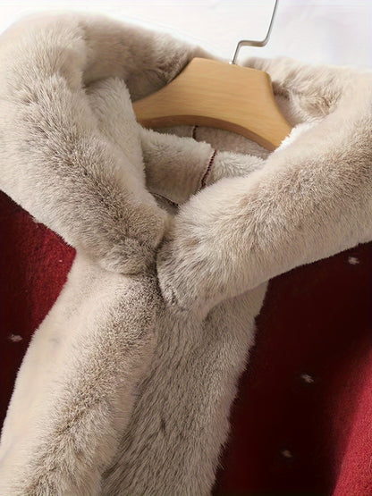 Մեծ չափսի կանացի էլեգանտ կարմիր և բեժ Սուրբ Ծննդյան թիկնոց - գլխարկով ձմեռային թիկնոց, ոչ ձգվող գործվածքով, տոնական երեկույթների, Նոր տարվա գիշերվա, ամենօրյա ձմեռային հանդերձանքների համար - էլեգանտ հատուկ գիծ, ​​սեզոնային նորաձևություն, ոճային եռանկյունաձև