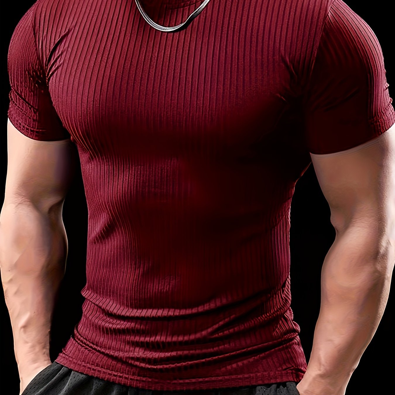 Men's Slim Fit Ribbed Short Sleeve T-Shirt - Stretchy Athletic  Casual Wear, Green, Round Neck, Machine Washable, Muscle-Enhancing Design, Gym Shirts