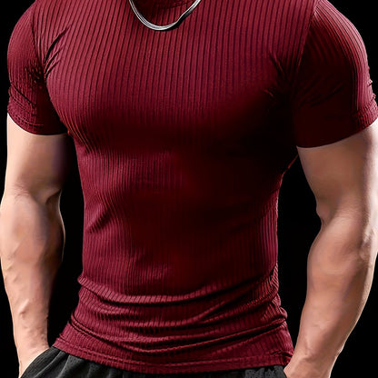 Men's Slim Fit Ribbed Short Sleeve T-Shirt - Stretchy Athletic  Casual Wear, Green, Round Neck, Machine Washable, Muscle-Enhancing Design, Gym Shirts