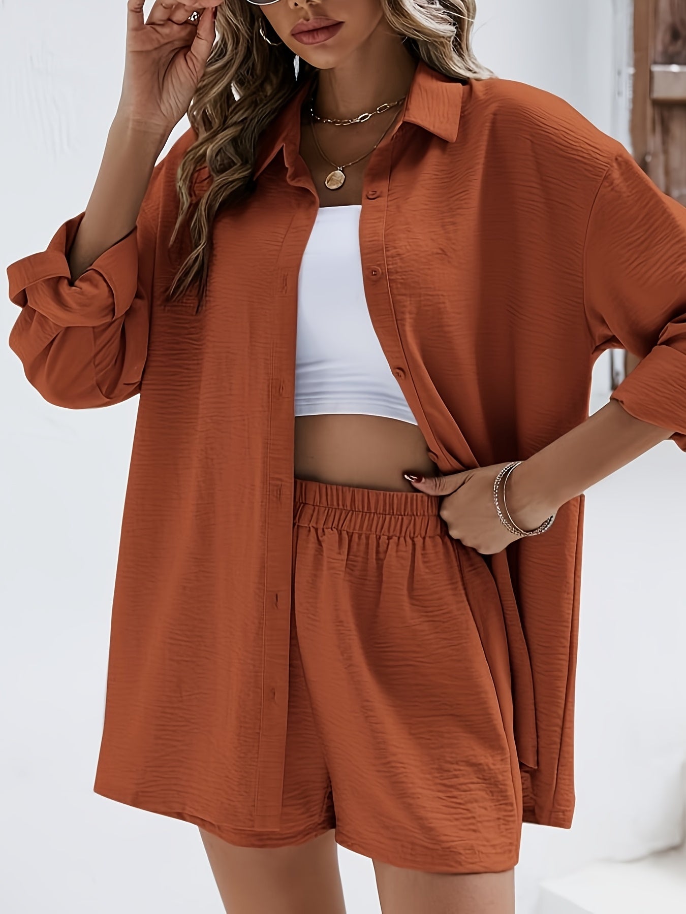 Women's Casual Summer Long Sleeve Shirt & Elastic Waist Shorts Set