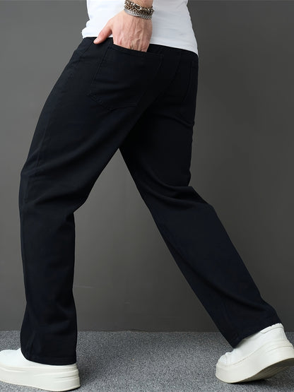 Men's Classic Black Straight-Leg Jeans - Loose Fit, Solid Color Denim, Cotton Blend, Machine Washable, All-Season Style, Streetwear Fashion|Modern Basic Jeans|Cotton Blend Denim