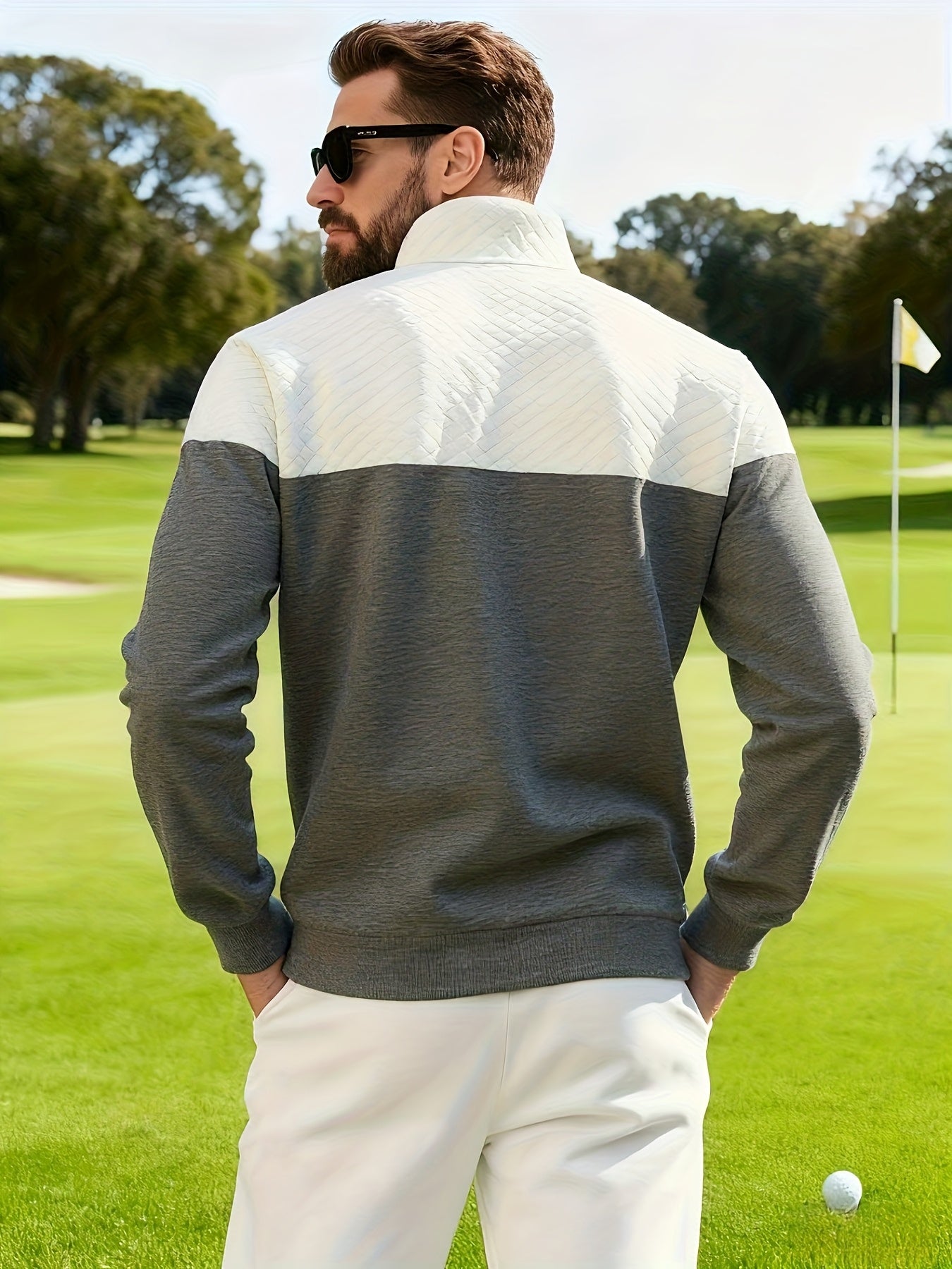 Տղամարդու աշնանային և ձմեռային կիսաճտքավոր սպորտային սվիտեր՝ հարմար մարզումների, վազքի և ֆիթնեսի համար, ոճային և հարմարավետ դիզայնով, փոքր վանդակավոր կանգնած օձիքով և հասանելի է մեծ չափսերով։