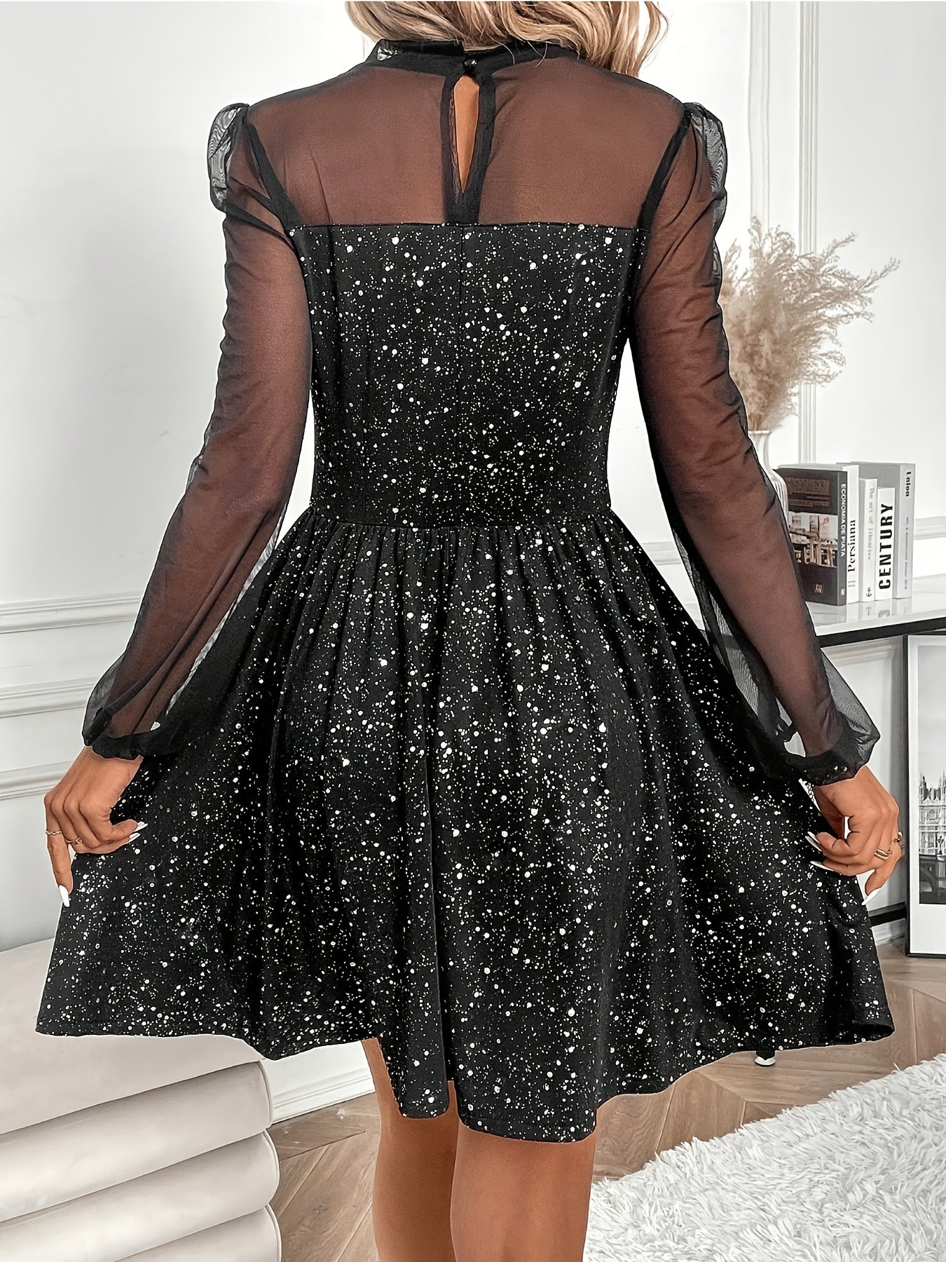 Elegant A-Line Dress with Mesh Panel & Stand Collar - Semi-Sheer Mid-Length Long Sleeve Dress for Parties, Weddings, Christmas, Beer Festivals - Non-Stretch Formal Attire (Stand Collar A-Line Dress)