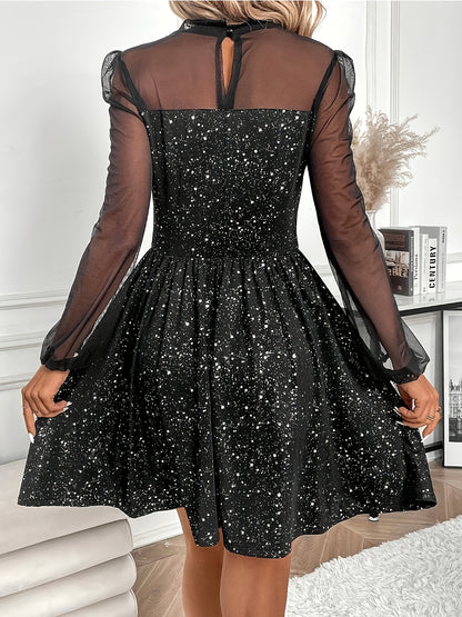 Elegant A-Line Dress with Mesh Panel & Stand Collar - Semi-Sheer Mid-Length Long Sleeve Dress for Parties, Weddings, Christmas, Beer Festivals - Non-Stretch Formal Attire (Stand Collar A-Line Dress)