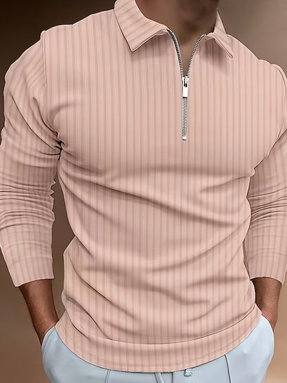Men's Casual Sports Ribbed Long Sleeve Zipper Lapel Golf Shirt, Spring And Fall