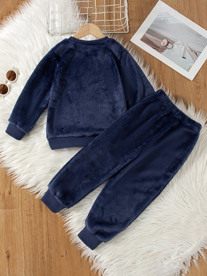 Boys' Casual Outfit with Embroidered Cartoon Bear Design - Long Sleeve Crew Neck Sweatshirt & Pants Set, Double-Sided Flannel, Perfect for Fall/Winter, Everyday Comfort, Everyday Comfort Wear|Playful Design|Double-Sided Flann