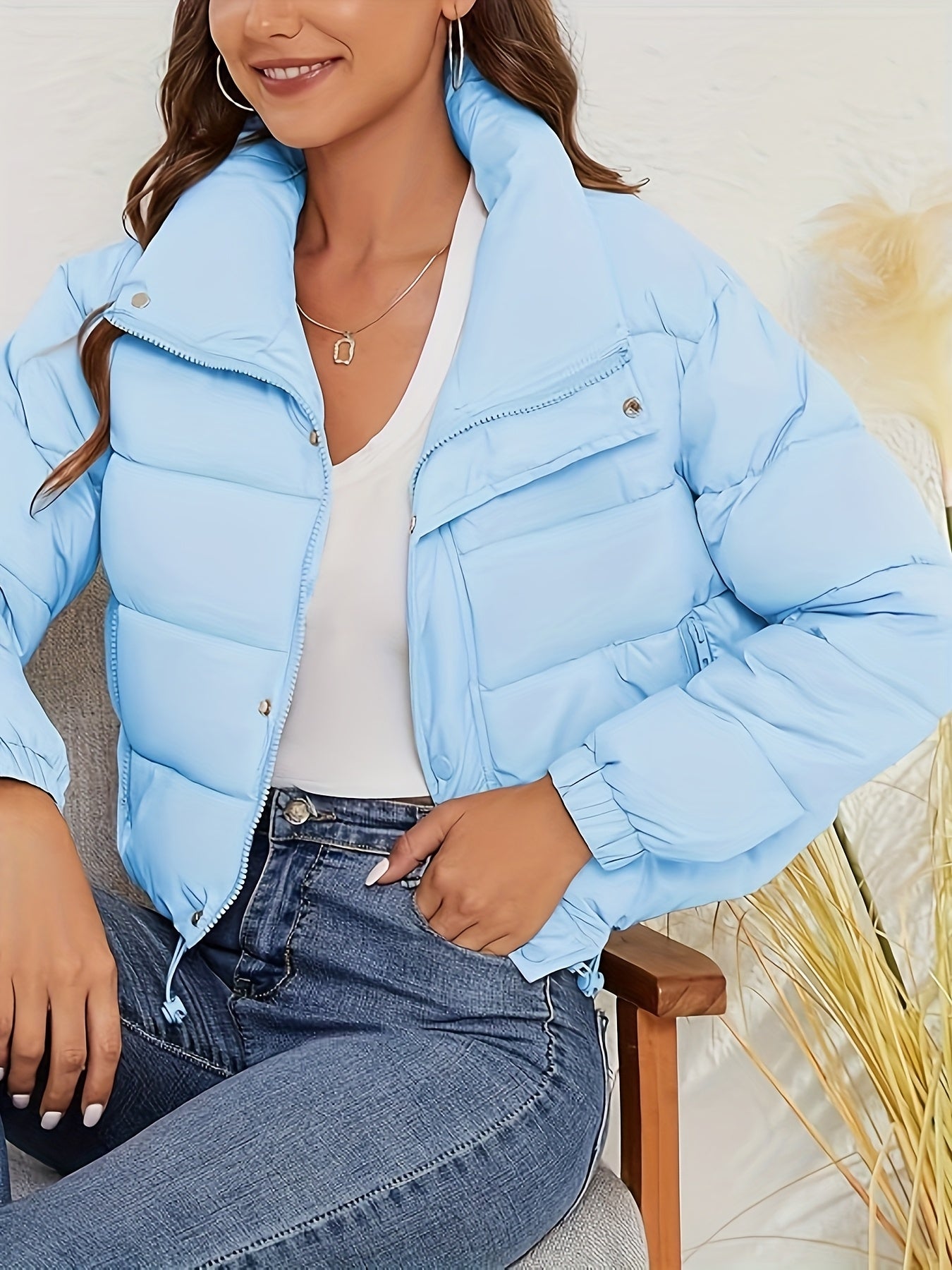 Women'S Lightweight Winter Jacket - Elegant Stand Collar Short Length Quilted Coat with Button Front, H-Silhouette Regular Fit, Long Sleeve Casual Outerwear for Cold Weather, Winter Coats, Seasonal Fashion, Minimalist Style,