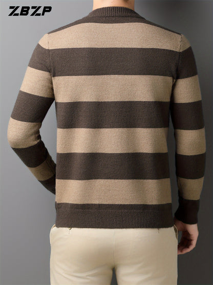 ZBZP Men'S Casual Striped Knit Sweater - Dark Gray & White Horizontal Stripes, Round Neck Long Sleeve, Regular Fit, Autumn Winter Warm Pullover for Casual Attire, Knit Sweater, Comfortable Fashion, Soft Texture, Cold Weather