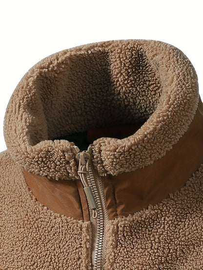 Men'S Heavyweight Fleece Jacket - Thermal Winter Coat with Stand Collar, Zipper Closure, Front Pockets - Brown/ - Cold Weather Outerwear for Everyday & Formal, Winter Jacket, Casual Outerwear, Durable Polyester, Seasonal Fash
