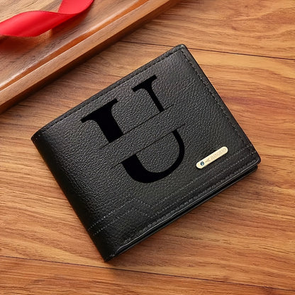 1pc Men's Business Style Faux Leather Wallet, Customizable Text and Initials, Solid Color Faux Leather with Contrast Accents, Compact Short Bifold Design for Easy Carrying - Perfect Birthday Gift for Boyfriend and Father, Per