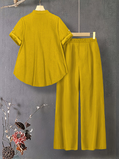 Women's Casual V-Neck Top & Elastic Waist Pants Set