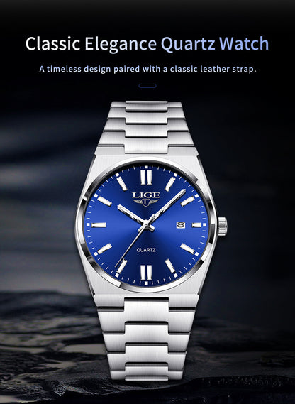 LIGE Stainless Steel Sports Watch for Men and Women - Dual Display Digital & Quartz Movement, Blue Dial, Rotating Bezel, Date Display, Metal Bracelet, Gift Box Included, Watch Accessories, LIGE