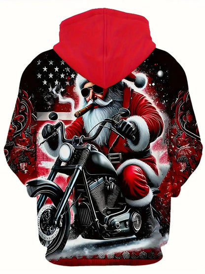 Men'S Christmas Hoodie with Santa Claus Riding Motorcycle & Reindeer Print - Warm Winter Pullover with Kangaroo Pocket, Machine Washable, Regular Fit Casual Long Sleeve Hoodie for Holiday Parties, Home Loungewear & Casual Att