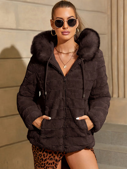 Women'S Heavyweight Winter Coat - Dual-Sided Reversible Jacket with Full-Zip Front, Hooded Collar, Two-Way Zipper Closure - Warm Outerwear for Cold Weather, Office, Travel - Elegant Brown Coat (Size & Wash Label in Pocket), L