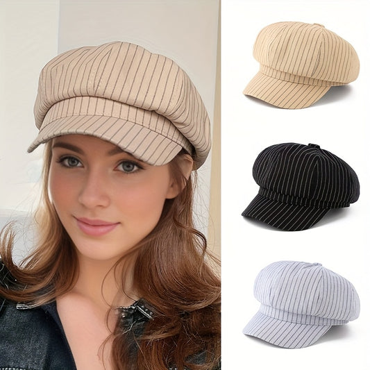 1pc Chic Vertical Stripe Octagonal Cap - Versatile Spring/Summer Korean-Style Beret for Women, Lightweight Polyester, Ideal for Outdoor Hiking, Beach Outings & Street Art