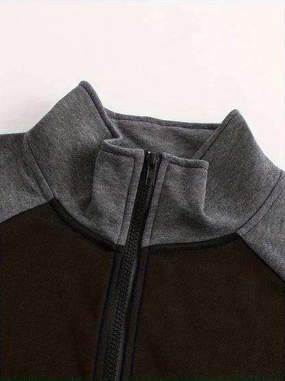Men's Slim Fit Color Block Zip-Up Jacket with Stand Collar