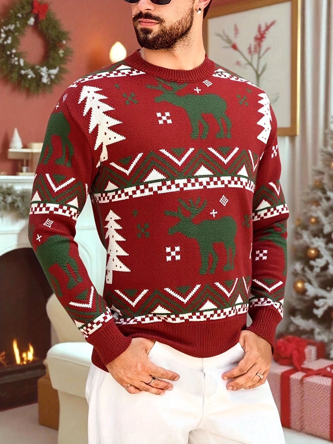 Men'S Winter Sweater - Christmas Deer & Snowflake Sweater with Red & Green Holiday Colors, Loose Fit Casual Knitwear, Drop Shoulder Long Sleeve Pullover, Soft Warm Winter Sweater for Christmas, Knit, Sweater For Men, Men Clot