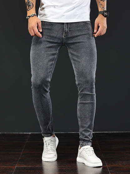 Slim Fit Chic Jeans, Men's Casual Street Style All Match Stretch Denim Pants With Pockets