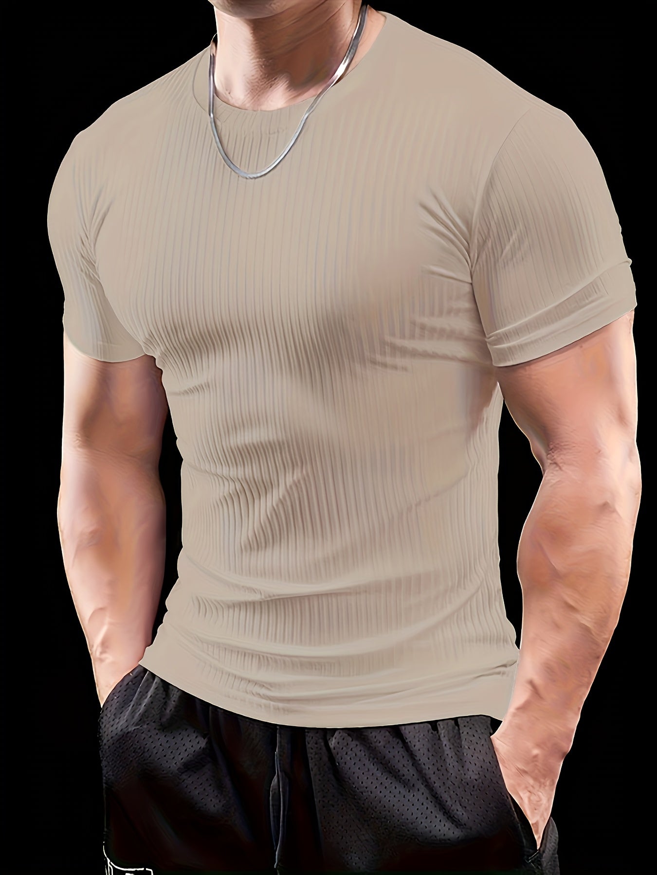 Men's Slim Fit Ribbed Short Sleeve T-Shirt - Stretchy Athletic  Casual Wear, Green, Round Neck, Machine Washable, Muscle-Enhancing Design, Gym Shirts