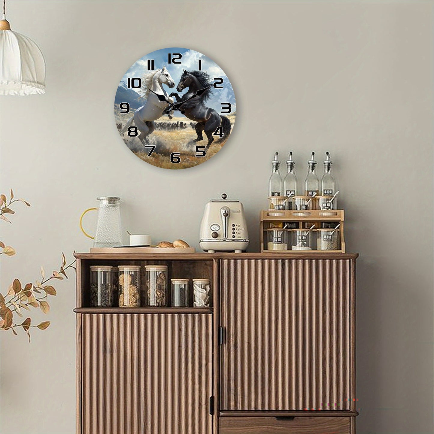 A Wooden Wall Clock with a Fantasy Theme Featuring a Design of Two Horses Facing Each Other, a Silent Clock Suitable for Decorating Living Rooms, Bedrooms, Kitchens, And Offices, Making It an Exciting Gift for Birthdays And H