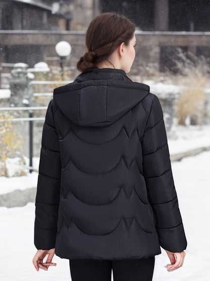 Կանացի էլեգանտ սև ձմեռային փքված բաճկոն՝ երկար թևքերով, կայծակաճարմանդով, առօրյա ոճով՝ ուլունքազարդ դետալներով, իդեալական է ձյունառատ օրերի համար, առօրյա ձմեռային հագուստի համար | Կայծակաճարմանդով բաճկոն | Գործնական գրպաններ