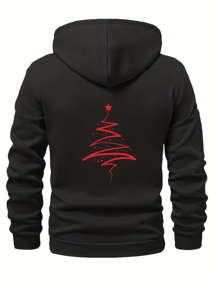 Men'S Minimalist Red & Christmas Tree Print Hooded Sweatshirt - Long Sleeve Casual Pullover with Piping, Regular Fit Winter Warmth for Holiday Parties, Outdoor Activities & Casual Attire, Christmas Sweatshirt, Seasonal Fashio