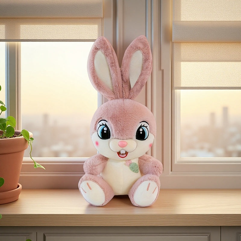 Adorable Pink Plush Bunny with Big Eyes in a Cute Sitting Pose, Featuring Gray Long Ears. A Charming Stuffed Toy Rabbit with a Carrot And Buck Teeth, Perfect for Easter Gifts And Home Decor Props, As Well As Surprise Gifts fo