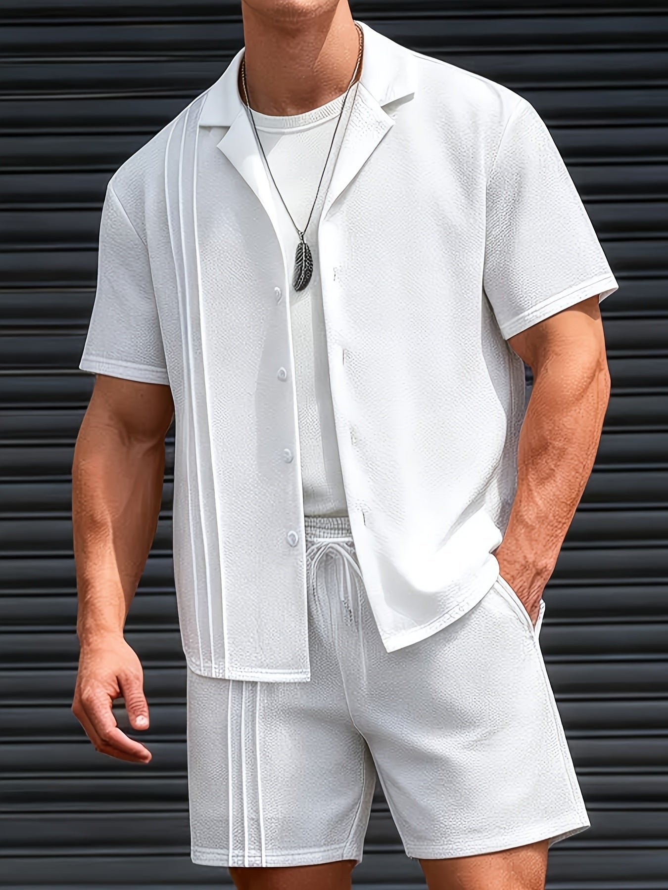 Men's Summer White Textured Short Sleeve Shirt & Shorts Set