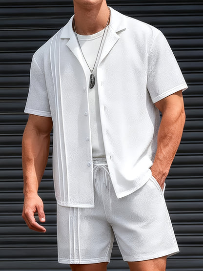 Men's Summer White Textured Short Sleeve Shirt & Shorts Set