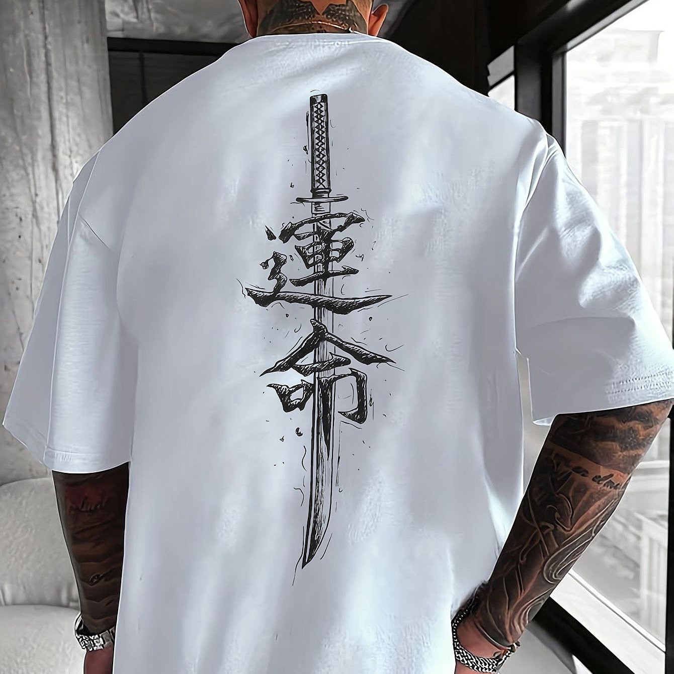 Men'S Japanese Samurai Sword Graphic T-Shirt - Casual Loose Fit Crew Neck, Short Sleeve Tee with Red Stylized Japanese Katanas Design, Breathable Polyester for Spring  Summer Outdoor Wear