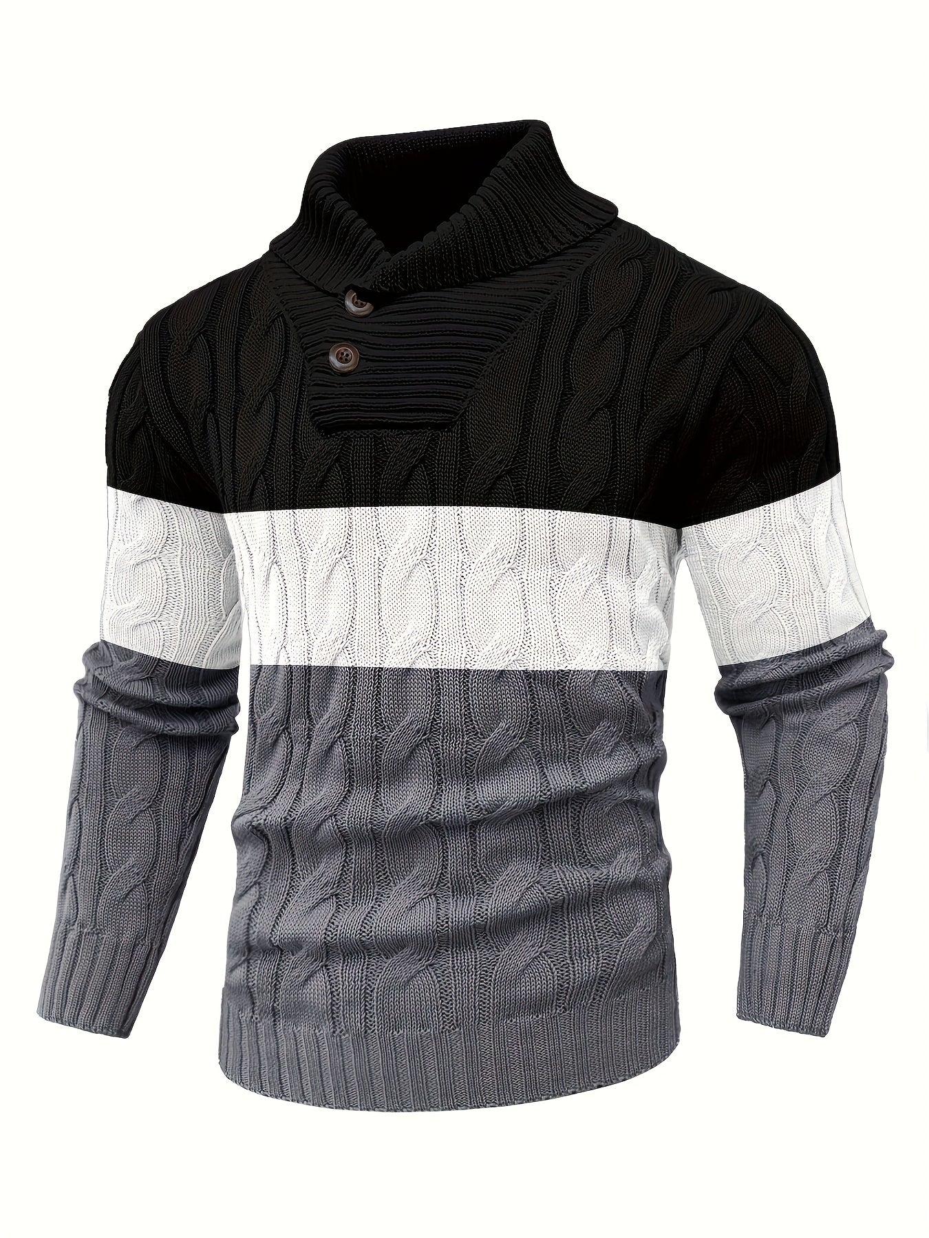 Men's Business Style Color-Block Sweater, Fashionable Trendy Spliced Large Lapel Pullover, Versatile Button-Design Sweatshirt