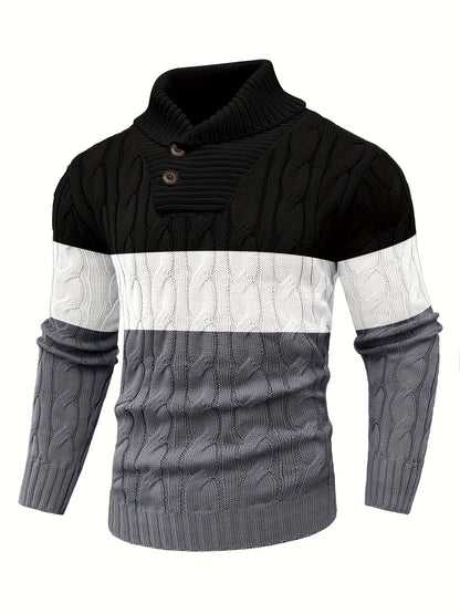 Men's Business Style Color-Block Sweater, Fashionable Trendy Spliced Large Lapel Pullover, Versatile Button-Design Sweatshirt