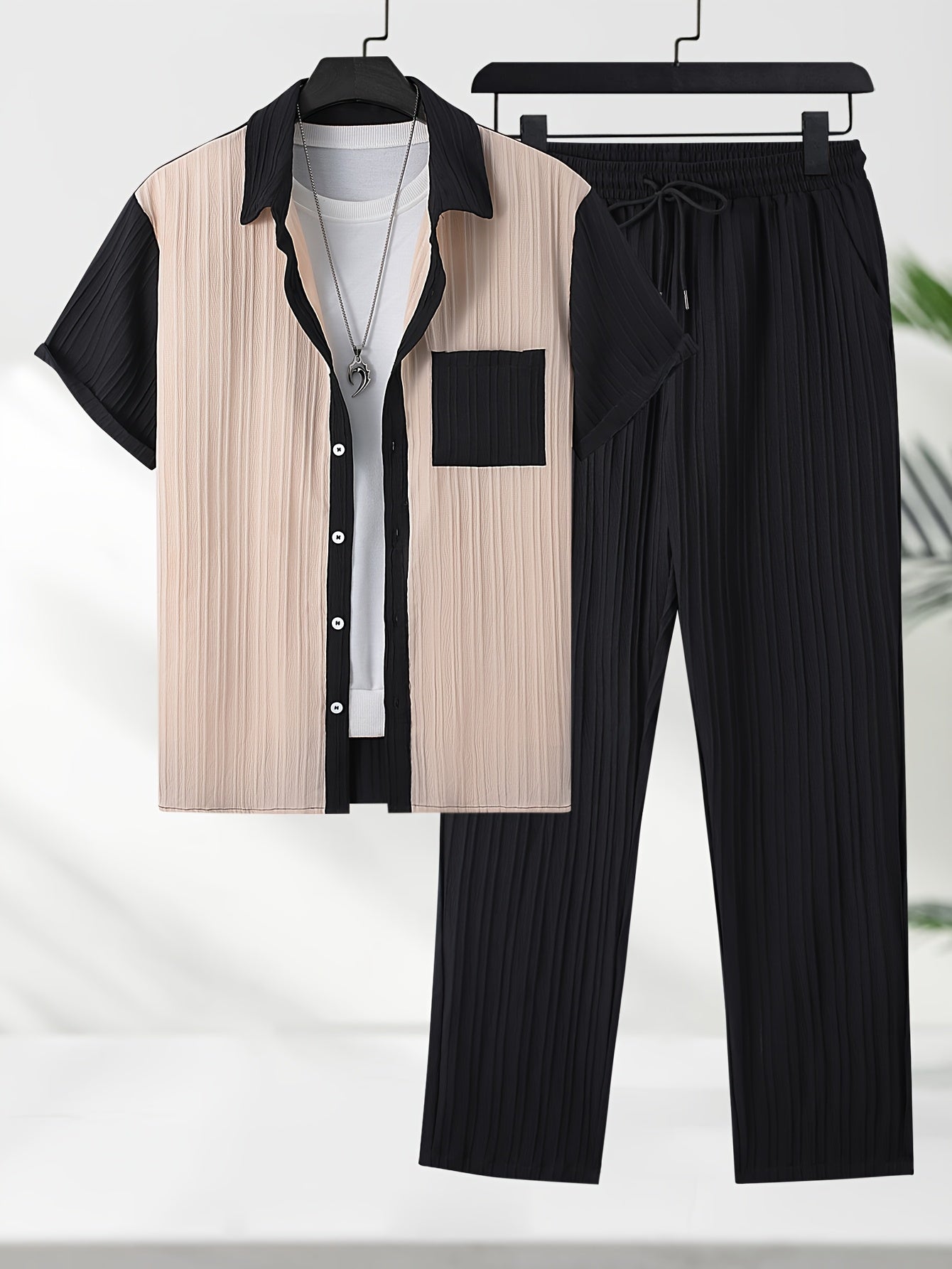 Men's Casual Patchwork Lapel Shirt and Pants Suit for Summer